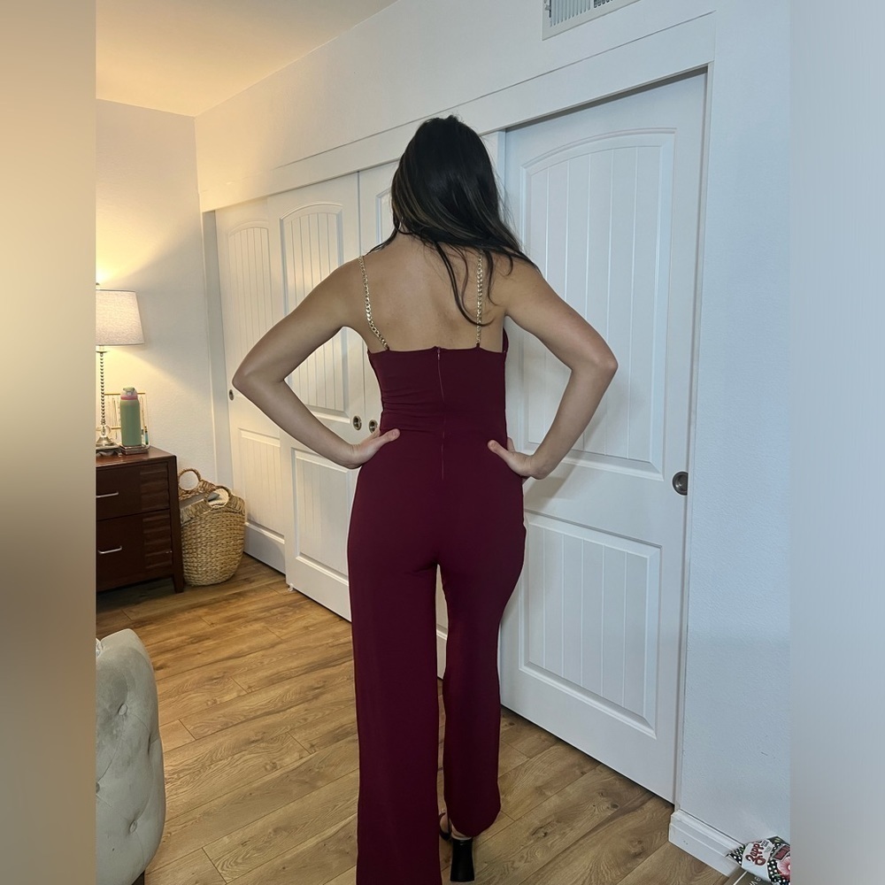 Zara Knotted Chain Strap Jumpsuit Wide Leg Open Back Burgundy Red Size M